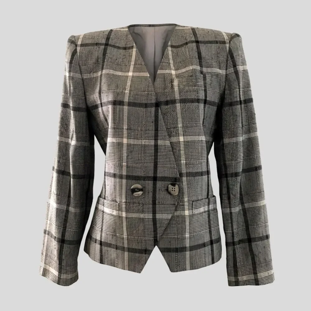 Vintage 80s Brown Plaid Cropped Suit Jacket Blazer Womens Size 2 Dark Academia